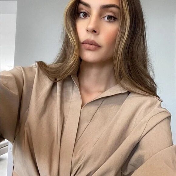 ZARA Cut Out Shirt Taupe Brown - Picture 4 of 14